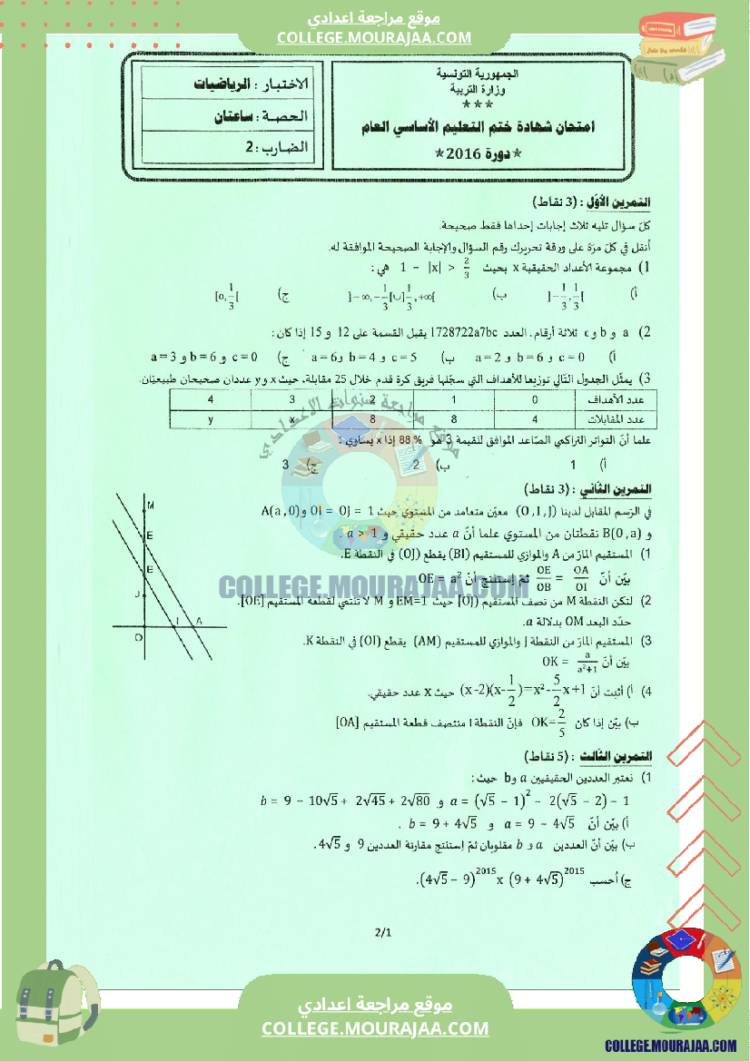 اختبار الرياضيات مناظرة النوفيام سنة 2016